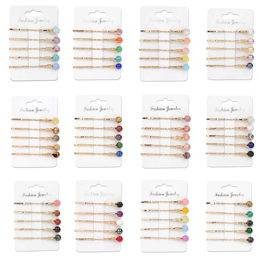 5pcs/set Natural Stone Round Beads Hair Clips Colorful Cat Eye Opal Pearl Crystal Beads Hairpins For Women Girl Hair Accessories