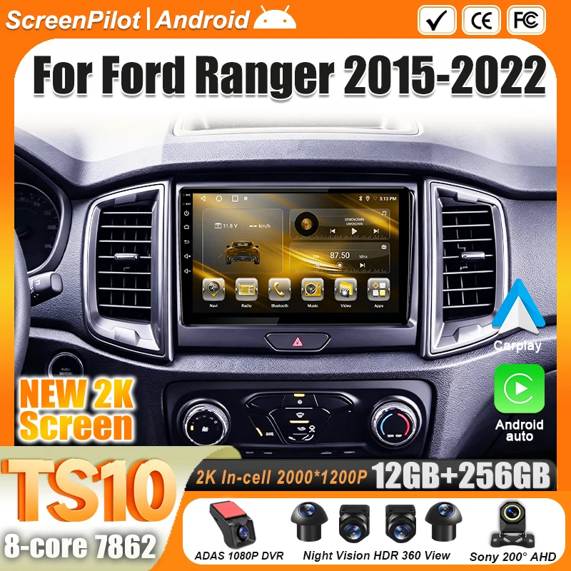 Android 16 For Ford Ranger 2015-2022 Car Radio Stereo Head Unit Multimedia Video Player GPS Navigation 2K QLED 9 Inch 8 Core 5G
