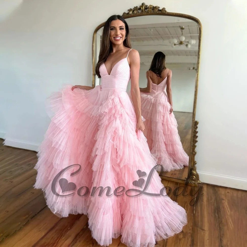 Comelody Special Occasion Dresses For Women Luxury Saudi Arabric Deep V-Neck Spaghetti Strap Chapel Train Backless Drop Shipping