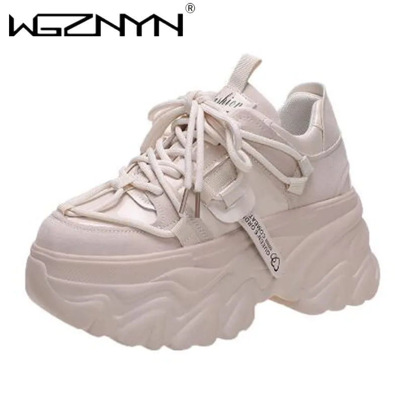 Autumn Breathable Thick Bottom Casual Shoes New 2024 Women\'s Chunky Leather Sneakers 8cm High Platform Ulzzang Sports Dad Shoes