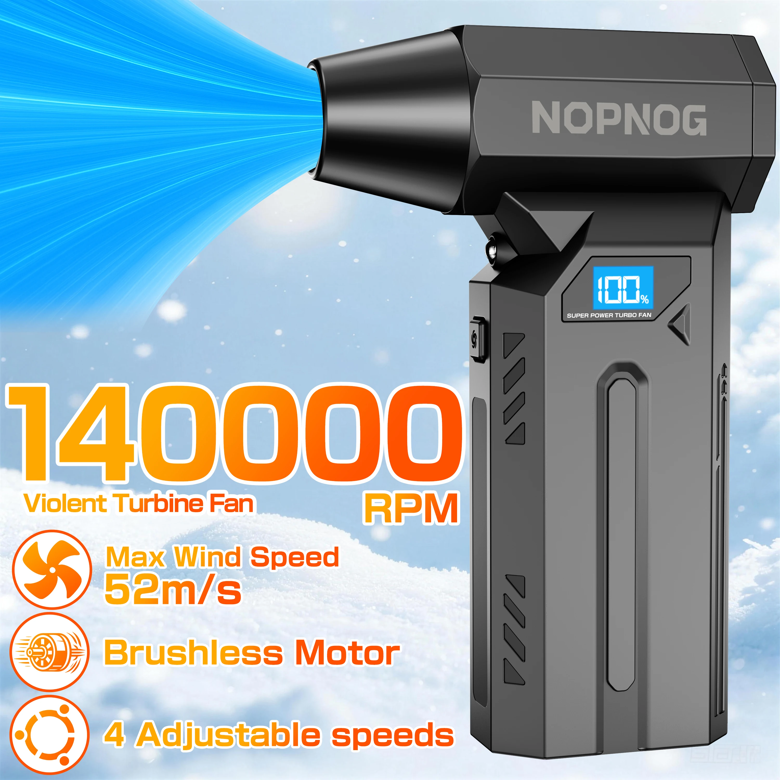 

Автомобильное удаление снега, сильный продувочный струйный вентилятор, турбонагнетатель, светодиодный светильник Type-C, зарядка, 140000 об/мин, 4 передачи, регулируемая электрическая воздушная тряпка