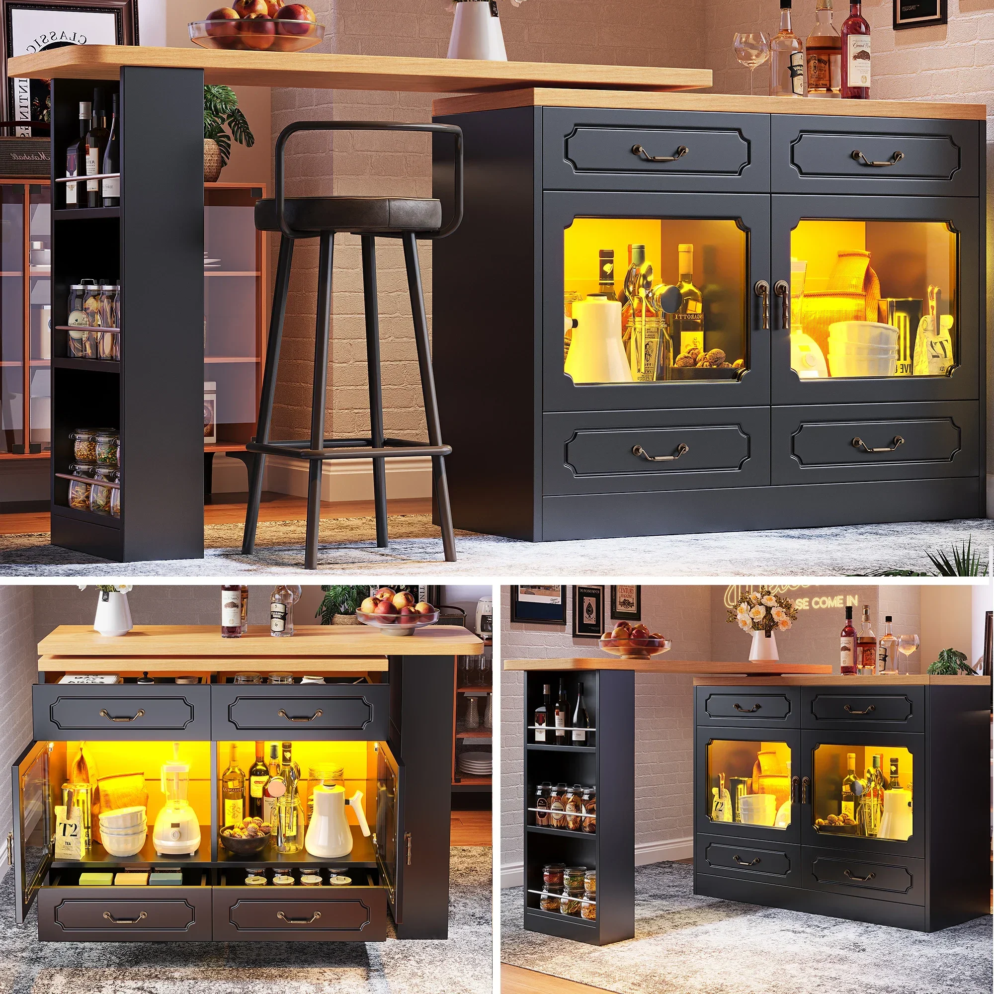 Mesa de bar retráctil con almacenamiento (135-203 × 39 × 92. 8 cm), 360 ° comedor giratorio con LED, mesa alta con isla de cocina.