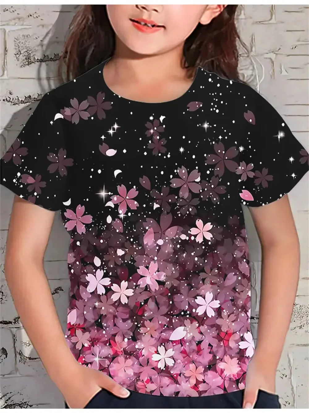 T-Shirt Décontracté à Manches Courtes pour Fille, Dégradé Coloré, Fleur Imprimée en 3D, à la Mode, Amusant, Été, 2025