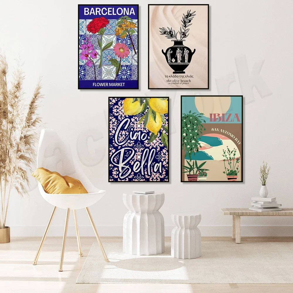 Greek vase with olive branch - Mediterranean sea, San Antonio bay Ibiza, Barcelona flower market, Italian phrase, Spanish poster