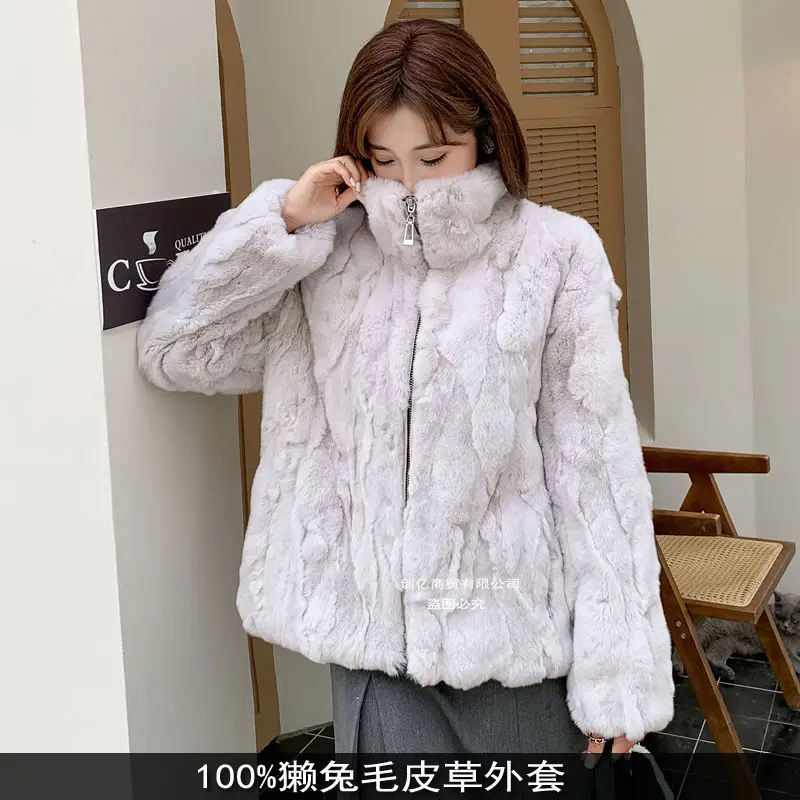 Cappotto da donna in vera pelliccia di coniglio naturale stile corto, colletto alla coreana, maniche lunghe, giacca autunno inverno
