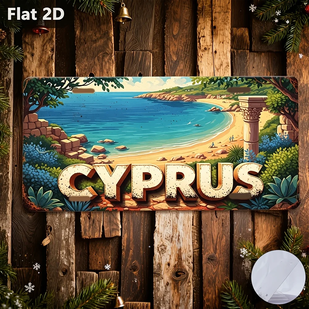 2D Flat - Retro Emblem with Cyprus Coastline Scenery, Perfect Travel Souvenir, Holiday Gift, Seasonal Decor, Garage Wall Decor,