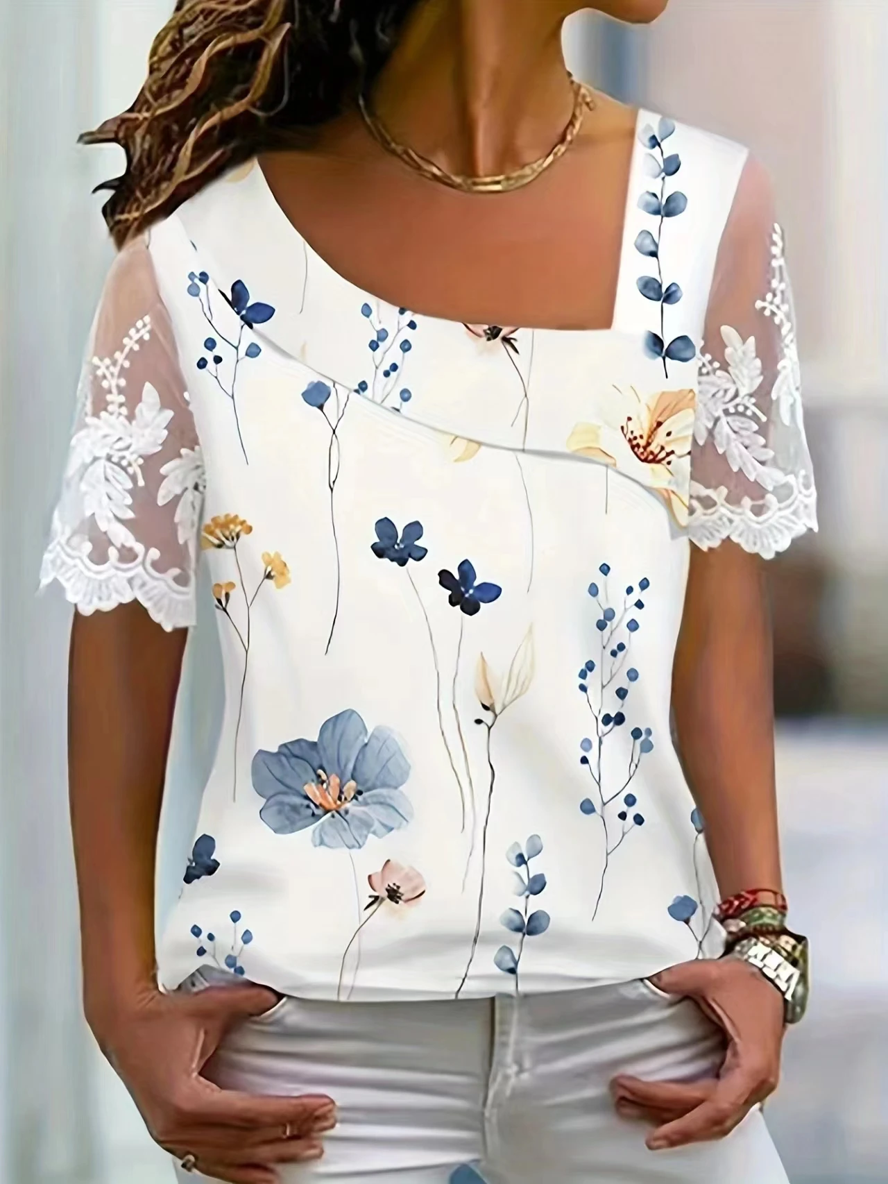 Fashion White Lace Short Sleeve Tops And Blouses Women 2023 Summer Casual Floral Print Buttons Office Blouse Top Femme Shirt