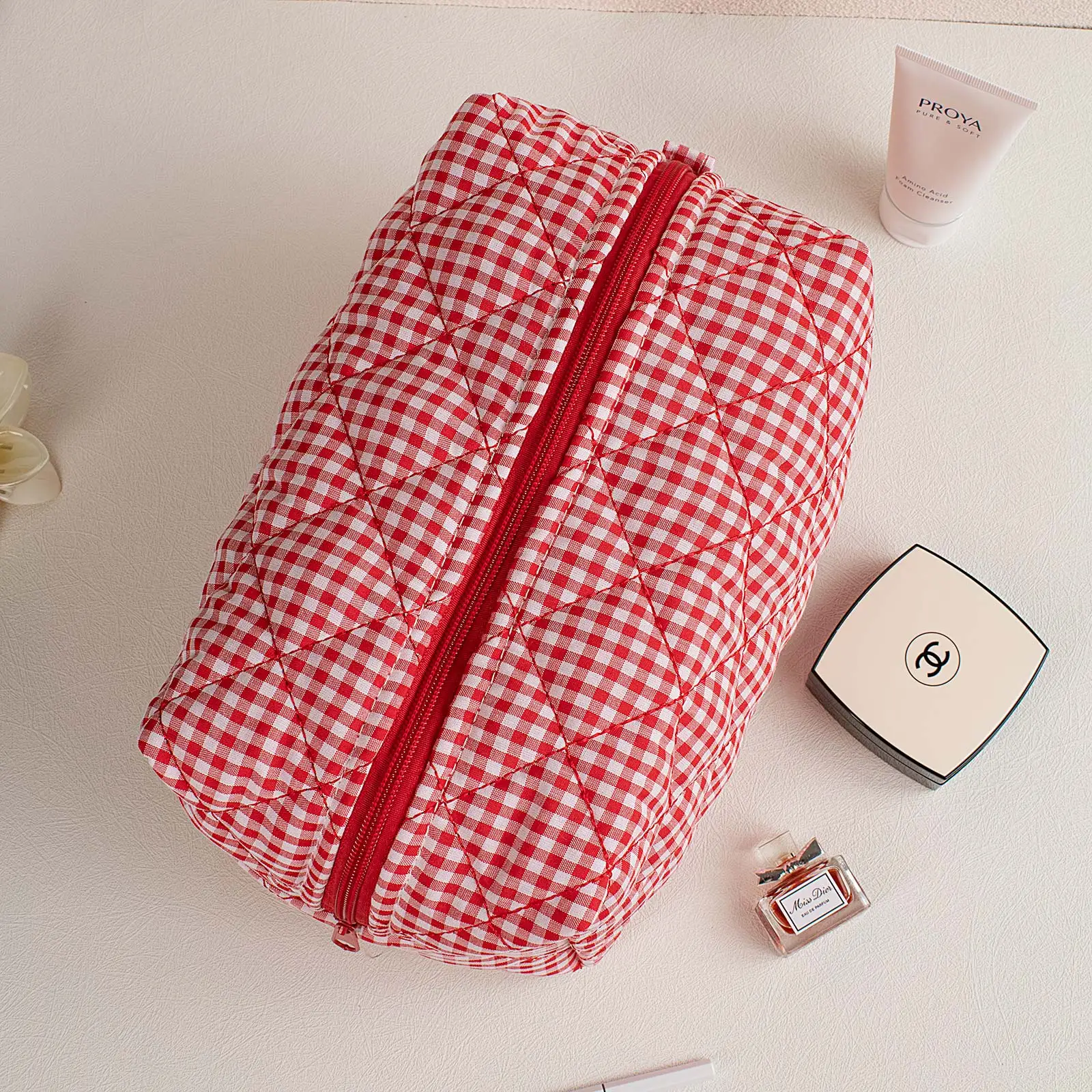 MIROSIE-Pretty Red Gingham Print Makeup Bag with Zipper, Portable Travel Skincare Storage Pouch, Makeup Organizer, Big Size