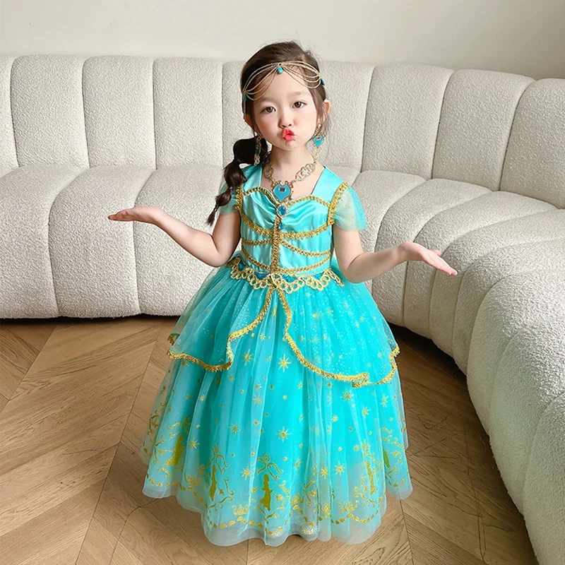 RT01 Jasmine Dress Princess for Baby Girl Birthday Party Carnival Cosplay Aladdin Magic Lamp Kids Gown Prom Costume Clothing*Jk2