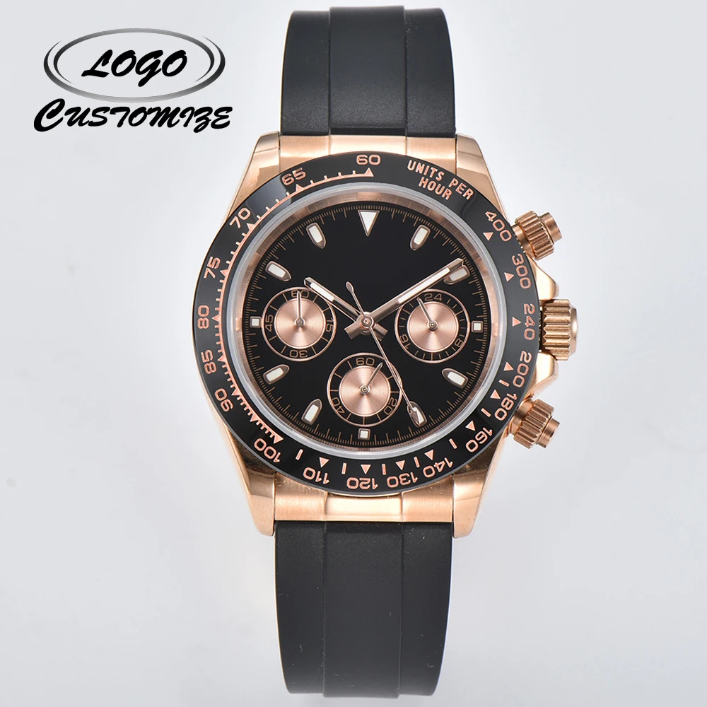 

Customizable Logo Rose Gold Stainless Steel Case Panda Three Eyes Quartz Watch Rubber Band VK63 Watch Sapphire Glass