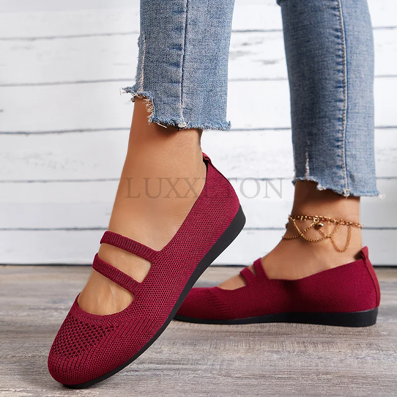 Large Size Round Head Flats Women Solid Color Mesh Breathable Shallow Loafers Casual Lightweight BallerinaShoes Zapatos Planos