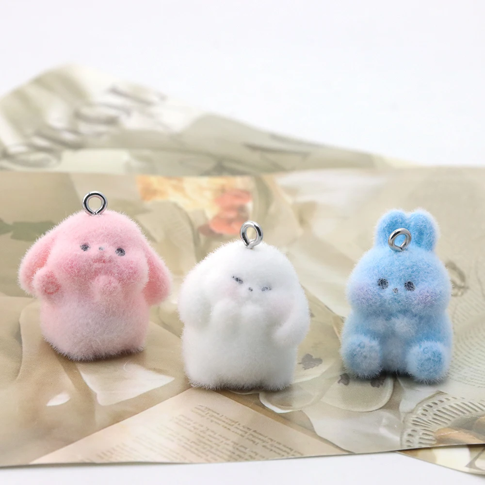 20Pcs Resin Long-eared Rabbit Charms Flocking Cartoon Plush Dolls Pendant for Keychain Earrings Making DIY Jewelry Accessories