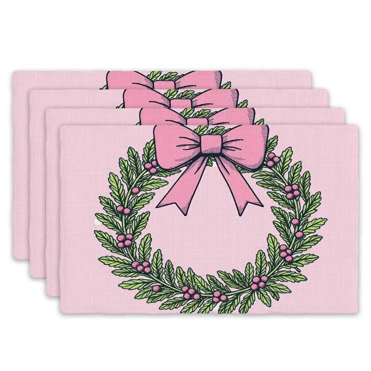

4pcs Set, 2D Flat Print Placemats - Pink Bow Wreath Sweet Holiday Decor Rectangular Table Mats (12" x 18"), Perfect for Festive