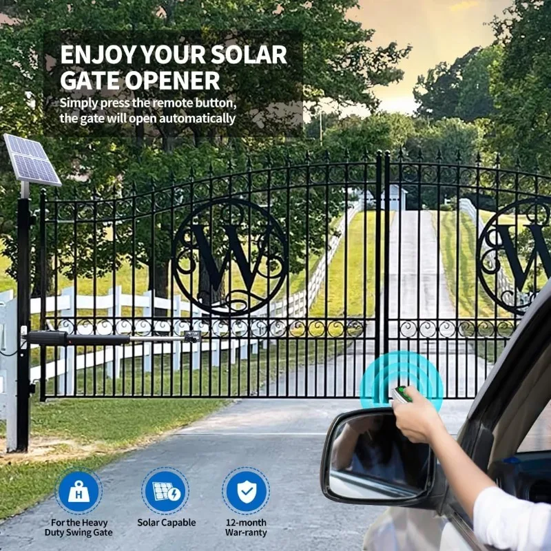 AD8S Automatic Solar Gate Opener for Heavy Duty Dual Swing Gates Up to 18ft per Arm, Dual Swing Gate Operator Battery