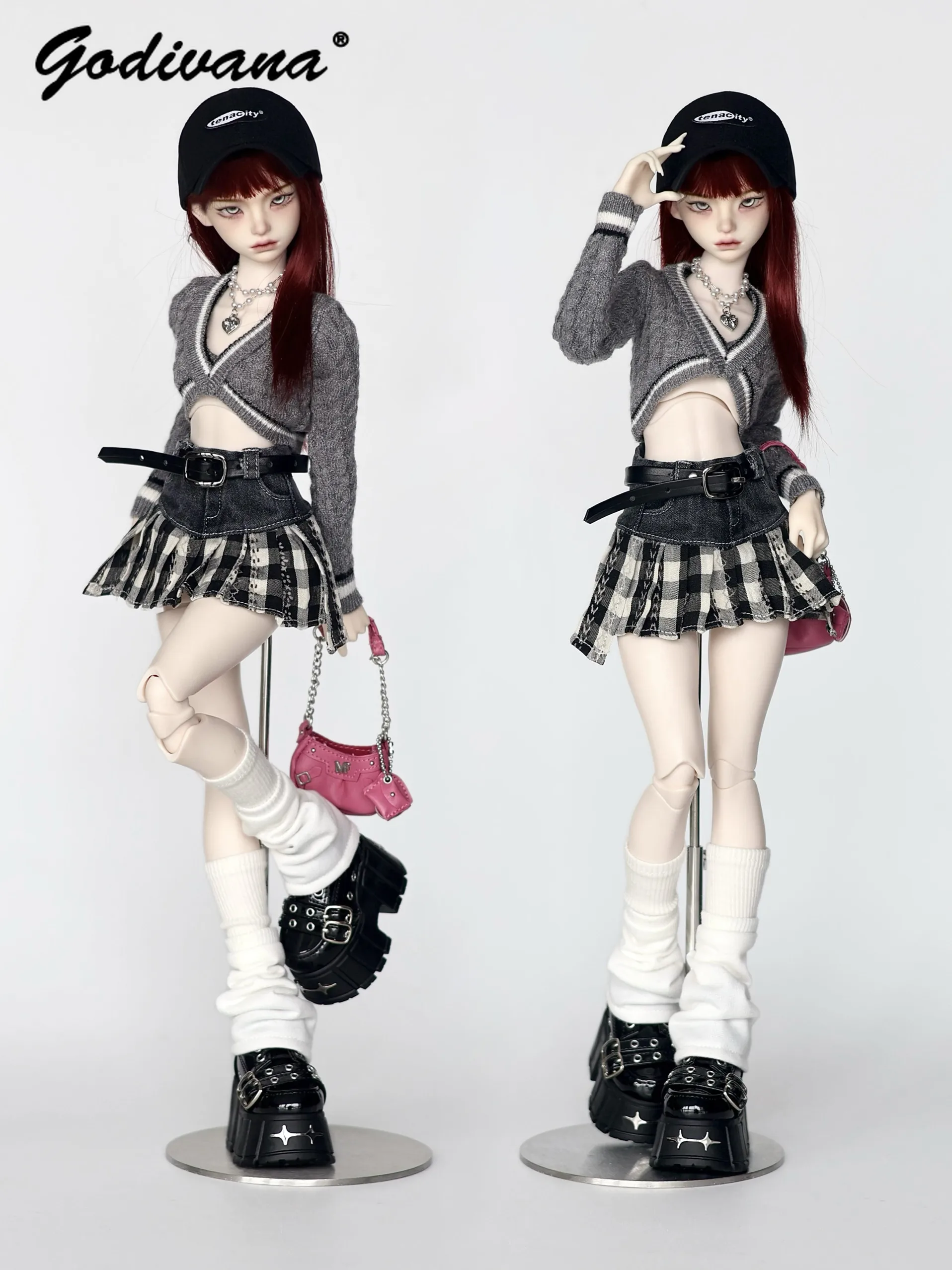 1/4 BJD Doll Outfit Y2K Sweet Cool Knit Suit Crop V‑Neck Cardigan and Plaid Pleated Skirt 2pcs Set 2 Color Options Doll Clothes