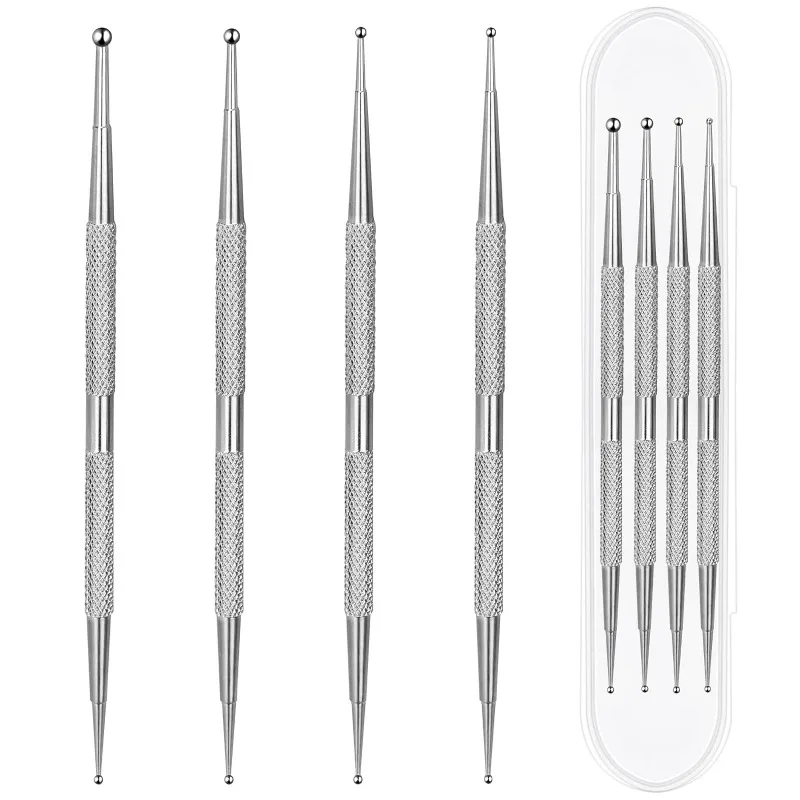 4 pz/Set Nail Art punteggiatura strumenti Stailess Steel UV Gel Liner Polish Brush doppie estremità punteggiatura disegno pittura Set di penne di cristallo