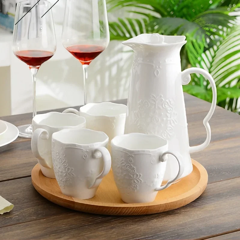 5pc set, white embossed porcelain english tea set with cup, ceramic taza nespresso, afternoon tea cup coffe set, service a the