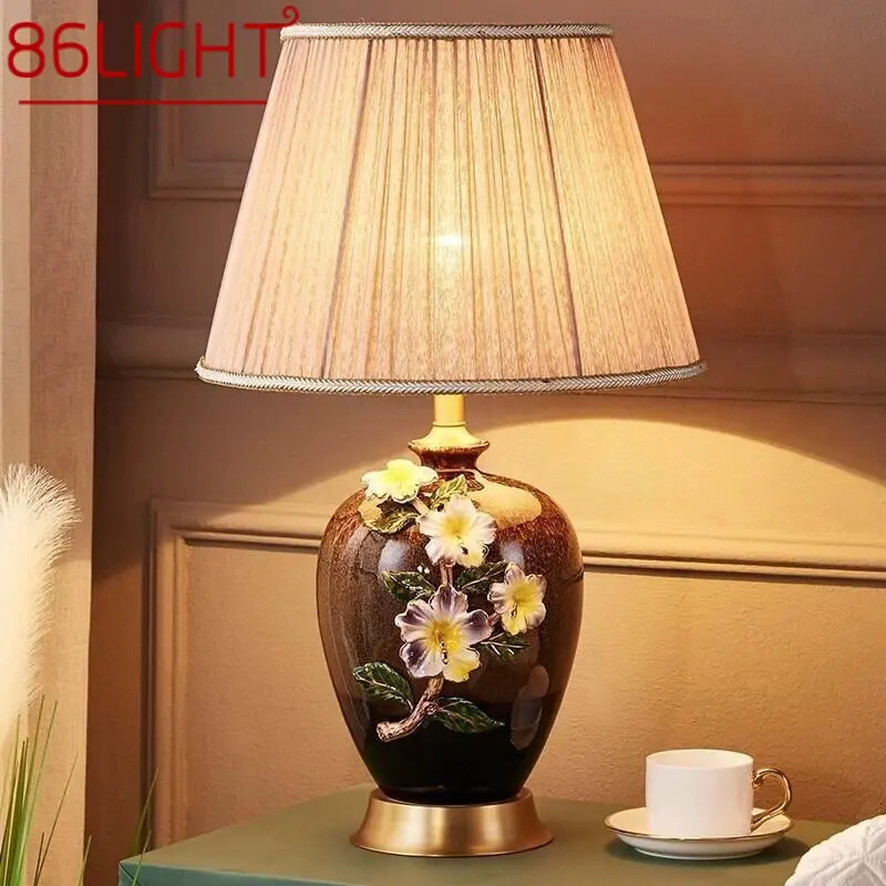 

86LIGHT Modern Brass Ceramic Table Lamp LED Dimming Creative European Copper Desk Light for Home Living Room Bedroom Decor