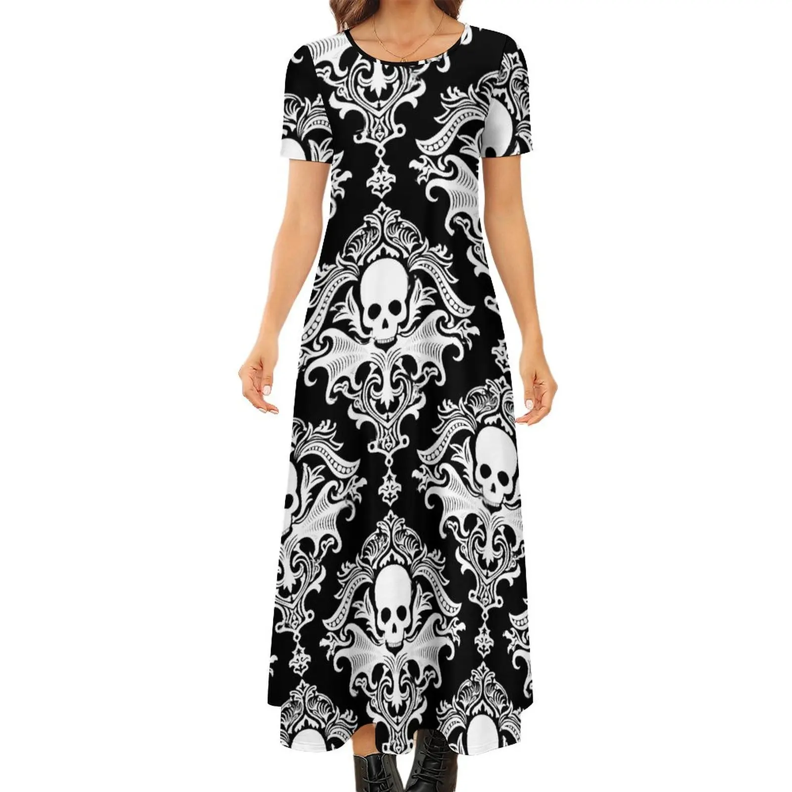 

Gothic Skulls Print Dress Retro Damask Street Wear Bohemia Long Dresses Female Cute Maxi Dress Gift