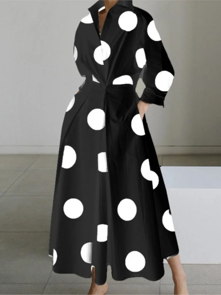 Elegant Polka Dots Shirt Dress For Women Autumn Long-sleeve V-neck High Waist Maxi Dress Fashion Party Long Dresses Robe Femme