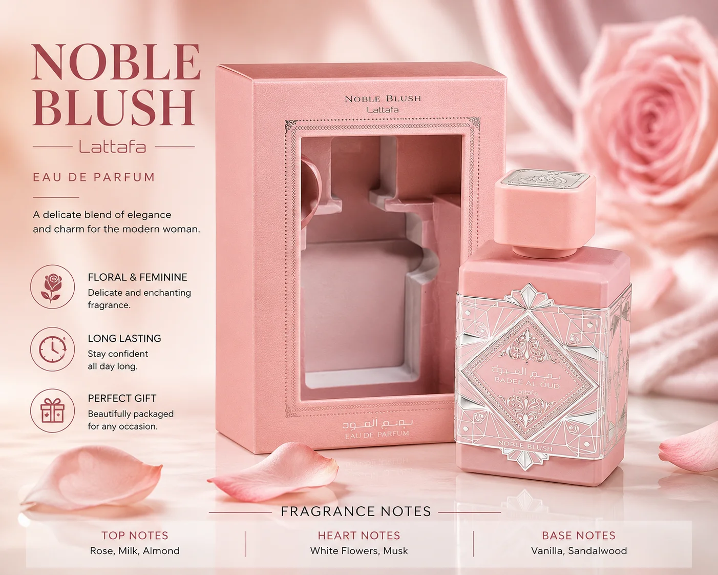 Noble Blush Badee Al Oud EDP 100ml - Long Lasting Floral Woody Fragrance Women - Luxury Pink Bottle Perfume Gift