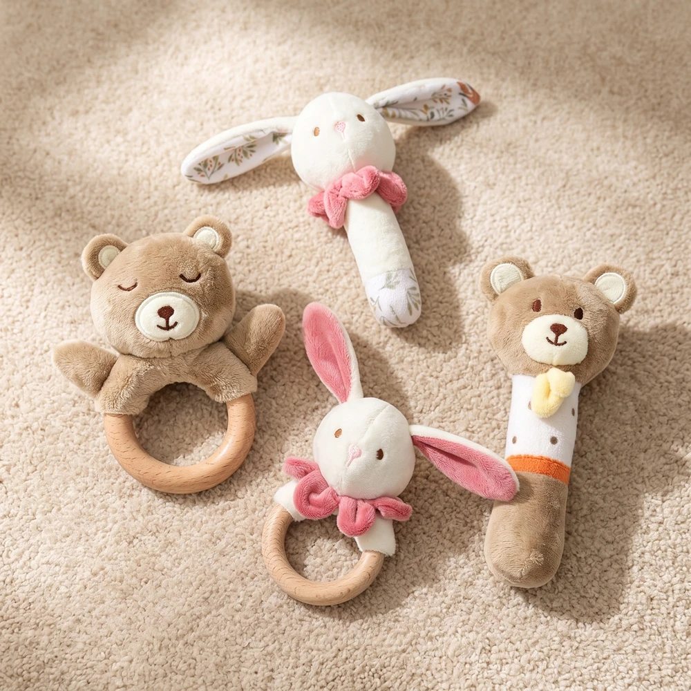 Organic Cotton Baby Rattle Wooden Ring Hand Grip Sensory Toy Cartoon Rabbit Bear Toddler Toys Newborn Gift Travel Accessories