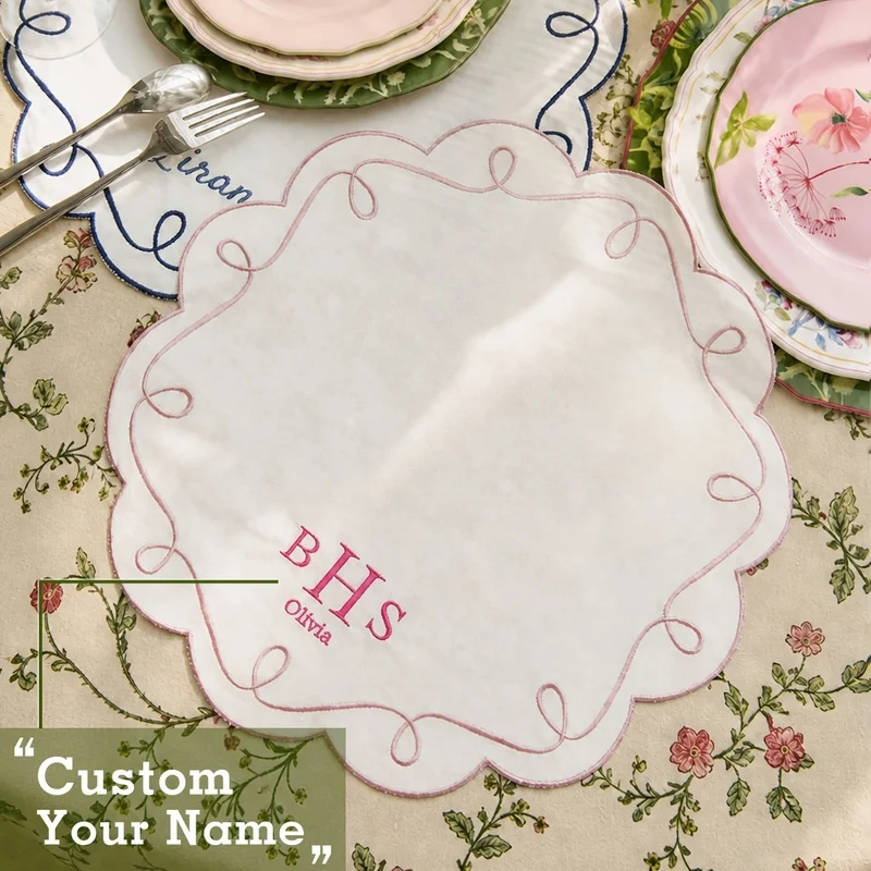 Personalized Name/Text Embroidered Round Placemats - Custom Retro Floral Swirl & Scallop Table Mats Suitable for Weddings