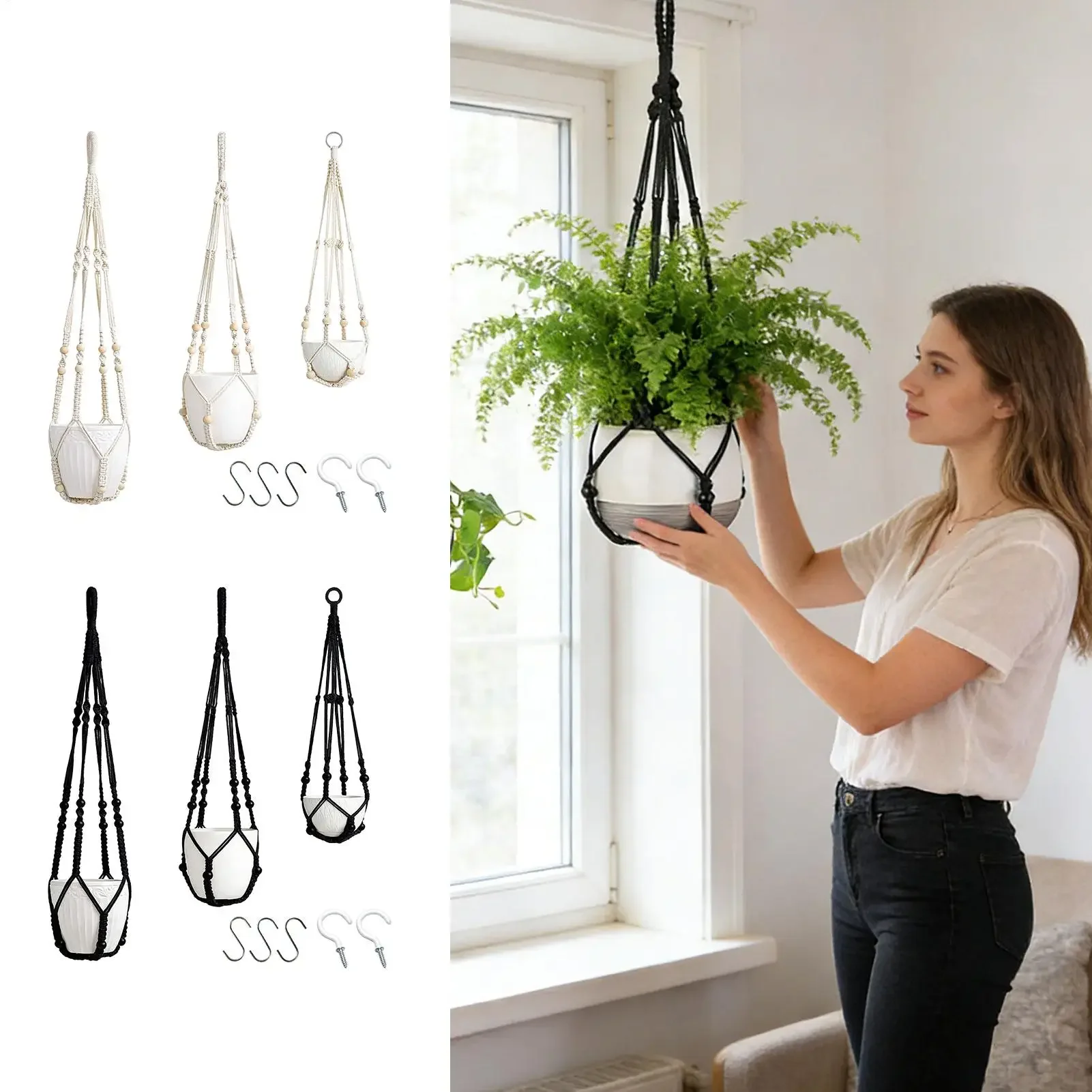 3 Pieces Macrame Plant Hanger Kit Boho Handwoven Basket Indoor Hangers Plant from Ceiling for Outdoor Wall Window Bathroom Deck