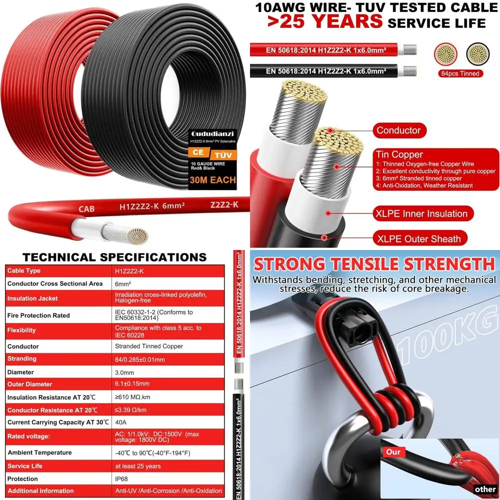 100 Feet 10AWG Tinned Copper Wire for Outdoor, Automotive, RV, Marine, and Solar Panel Applications