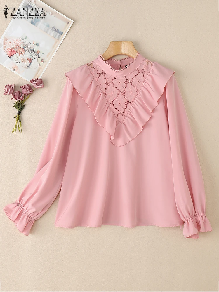 

ZANZEA Plus Size Women Lace Insert Blouses Elegant Chic Ruffles Mock Neck Long Sleeve Solid Color Woman Blouse Everyday Wear 5XL