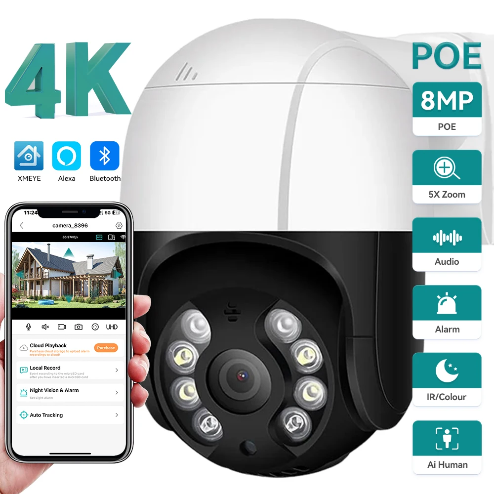 8MP 4K Wifi Outdoor Camera 4X Digital Zoom 5MP PTZ Camera AI Color Night Vision H.265 1080P HD Security CCTV Camera ONVIF ICsee
