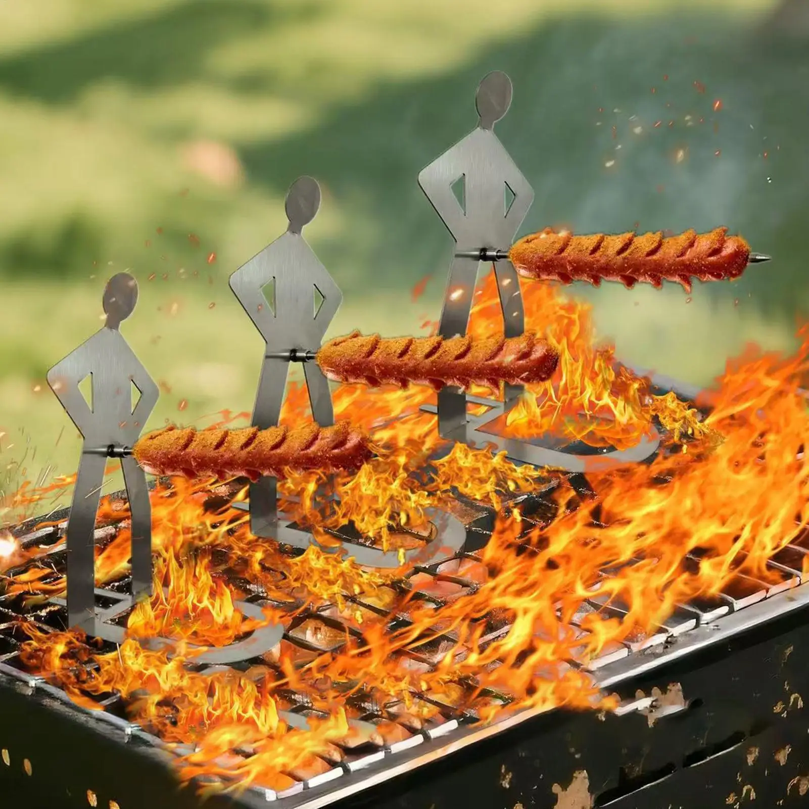 

Funny Stainless Steel Portable Camping Backpack Rack People Sausage Stand For Outdoor Travel Summer Party Picnics Hotdog Holder