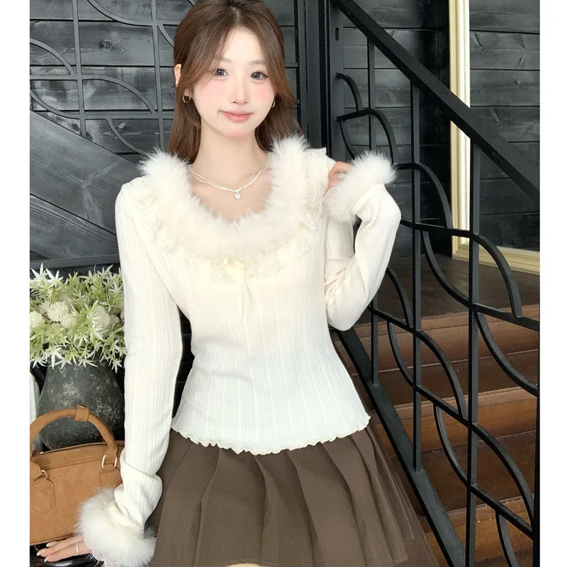 Sweet Slim Fit Crop T Shirt Women Long Sleeve Fur Collar Lace Patchwork Tees Female Autumn Winter Chic Casual Bottoming Tops New