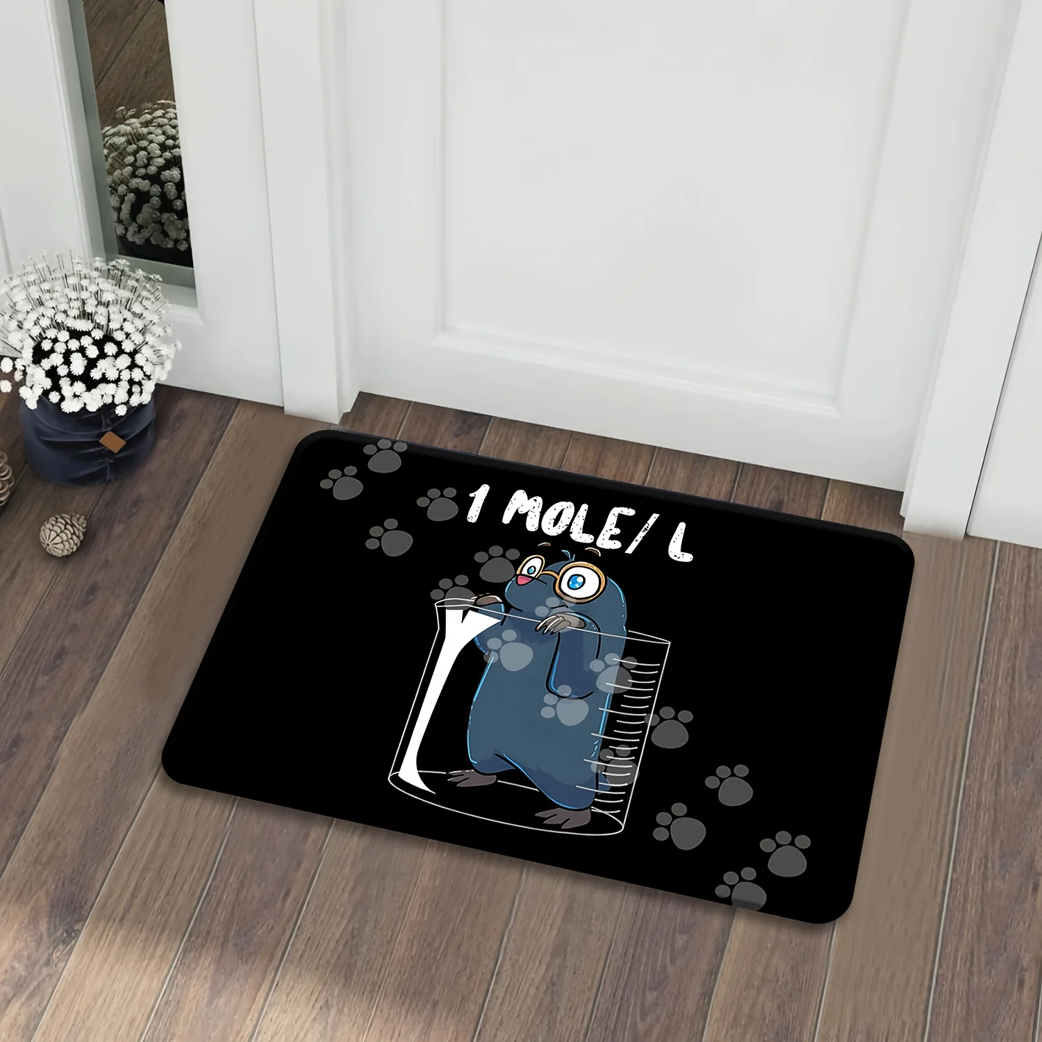 “1 MOLE/L” Mole Science Doormat – Black Flannel, Cartoon Mole in Beaker, Non-Slip Backing, Machine Washable, Indoor Use Only