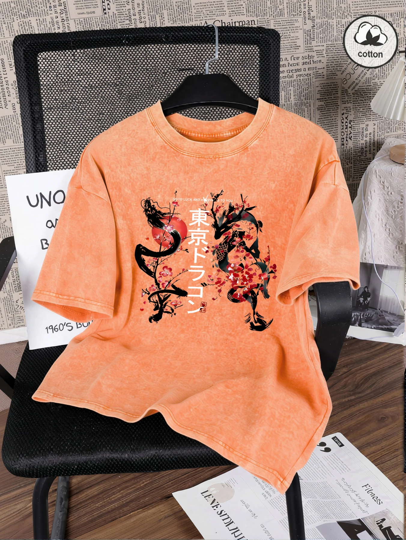 Tokyo Harajuku Dragon Cherry Blossom Print Women Washed T-Shirts Summer Cotton T Shirt Y2K Loose Short Sleeves Vintage Clothes