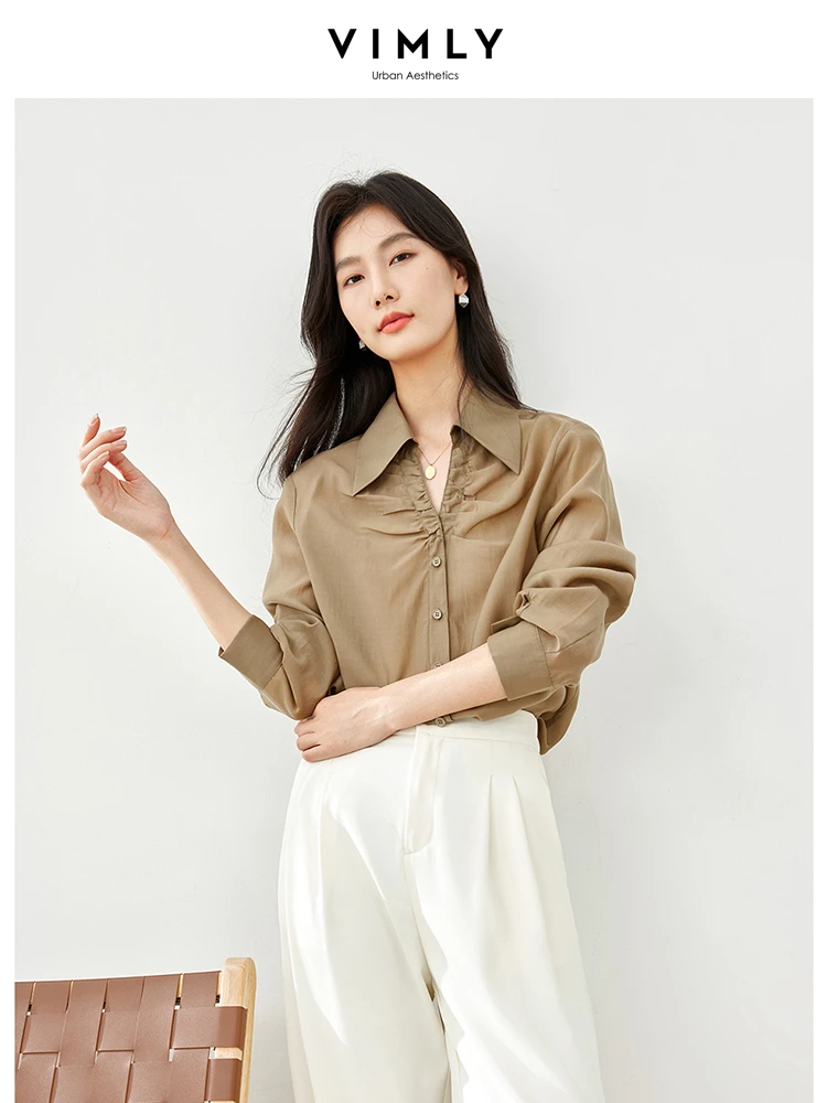 Vimly Spring Green Women Shirt V-neck Thin Casual Shirts & Blouses 2024 New Solid Drop Sleeve Womens Top Female Clothing M5381