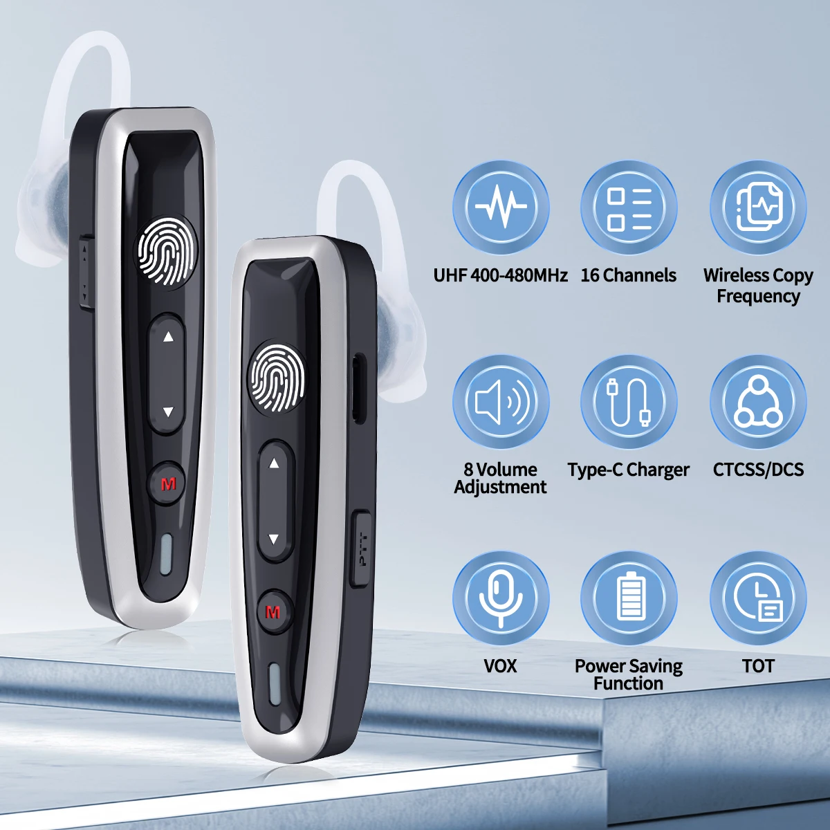ABBREE AR-W6 Mini Walkie Talkie Collar Clip or Ear Hanging Dual PTT Wireless Cory Frequency UHF VOX Type-C Charger