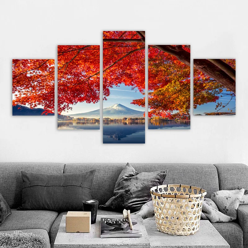 5 Panels Fuji Mount Landscape Posters Prints Canvas Paintings Cherry Blossoms Pictures Wall Art Living Room Home Decor No Frame