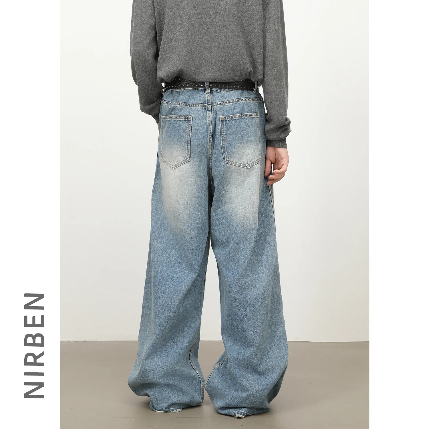 Men's Blue Splcied Casual Trendy Simple Basic Loose Wide Leg Straight Hole Patched Denim Trousers American Vintage Jeans Pants
