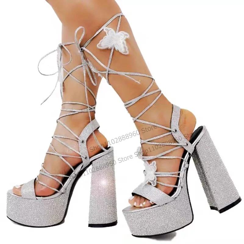 Silver Cross-Tied Platform Crystal Butterfly Decor Sandals Chunky High Heel Shoes for Women Open Toe Fashion Zapatillas Mujer