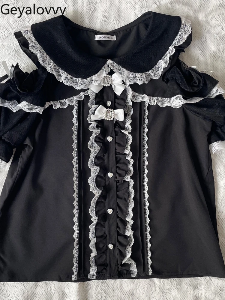 แขนสั้นใหม่สาวหวานอเนกประสงค์ TOP Japanese Mine Series Mass-ผลิตลูกไม้ Splicing Off-ไหล่ตุ๊กตาคอเสื้อ