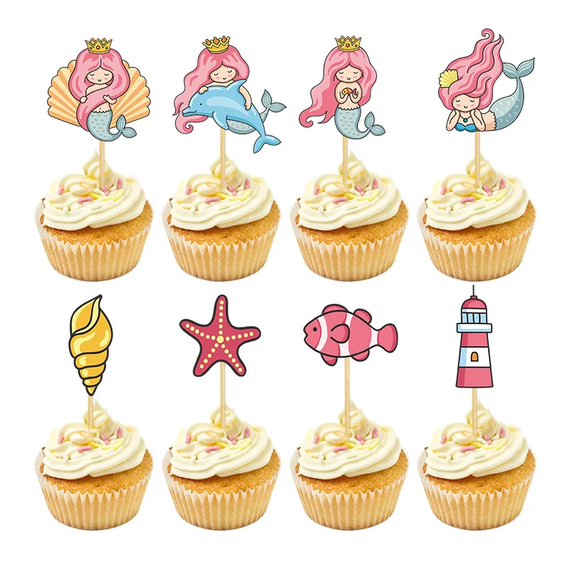 

8pcs Mermaid Theme Cake Decorations Under The Sea Mermaid Starfish Cupcake Toppers Happy Little Mermaid Birthday Party Decor