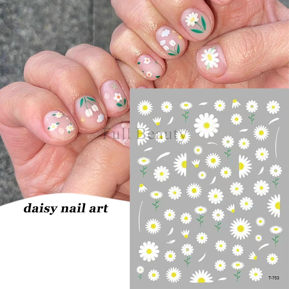 Daisy Nail Stickers Sunflower Spring Decoration Flowers Leaf Nail Decals Rose Tattoo Cherry Blossom Sliders For Manicure GLT-754