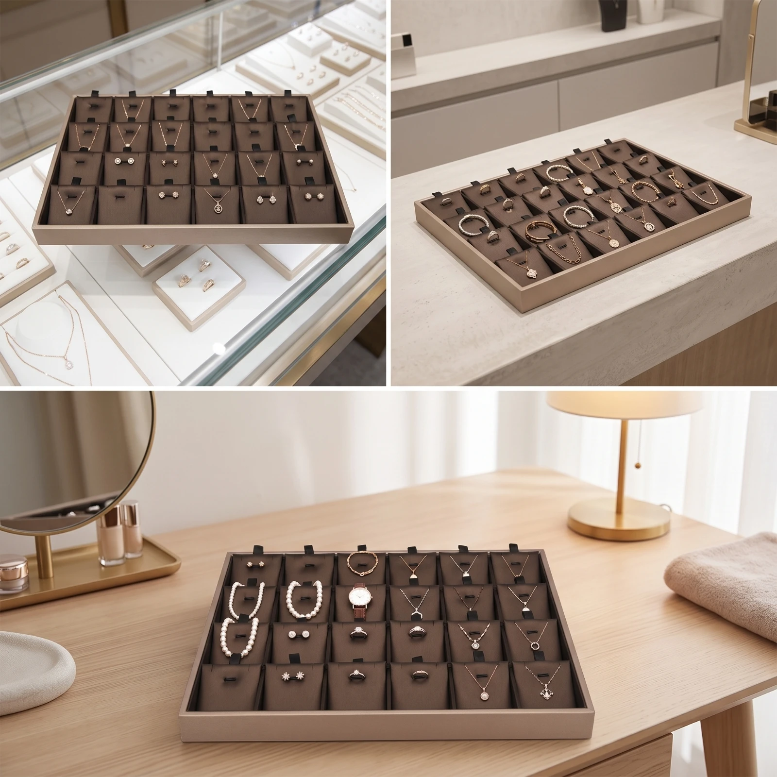 Jewelry Display Tray PU Leather Jewelry Organizer Tray Drawer Insert Rectangular Elegant for Jewelers, Showcases