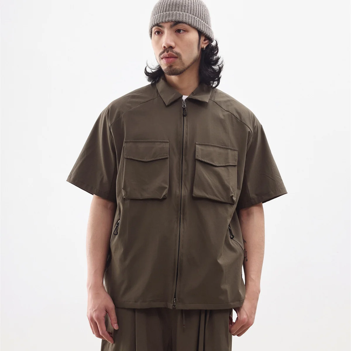 3D-Taschen-Outdoor-Cargo-Hemden für Herren, schnelltrocknend, mit Reißverschluss, Sommermode, locker geschnitten, lässig, Kurzarm, Techwear-Hemden, Oberteile