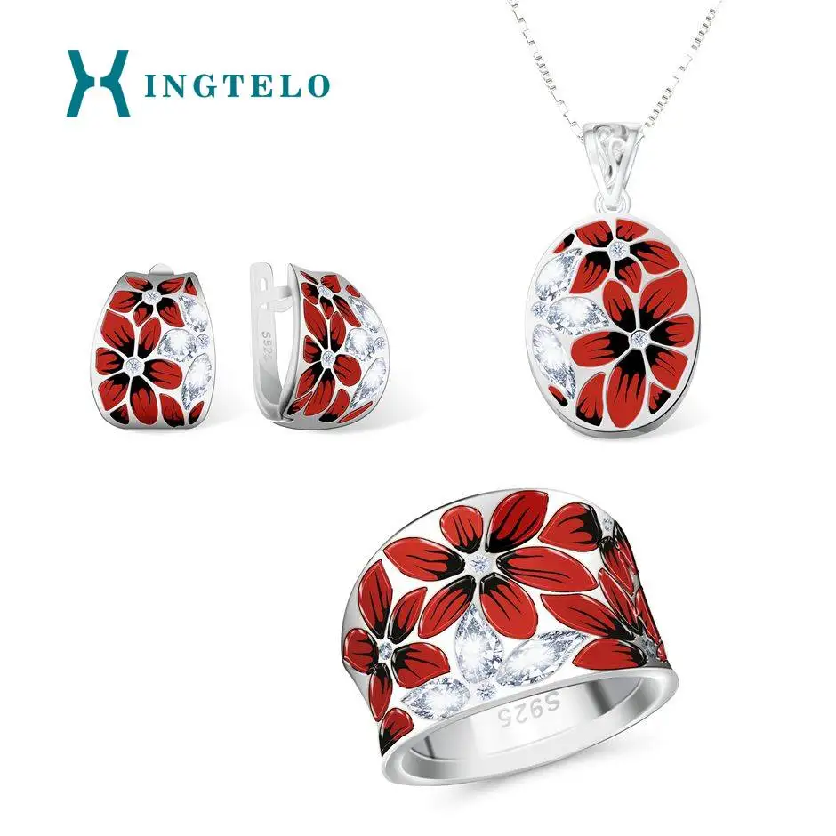 

XINGTELO Bridal Jewelry 925 Sterling Silver Jewelry Set Cubic Zirconia Enamel Flower Ring Pendant Earring Chain