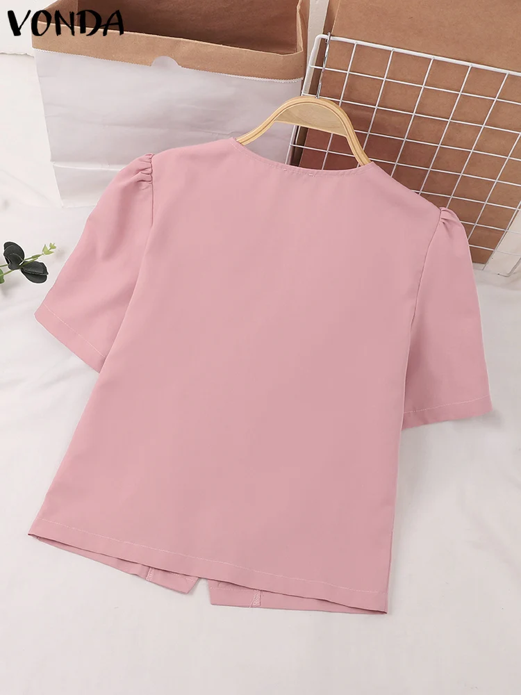 VONDA Elegant Bow Blouses Women Shirts 2024 Summer Fashion Short Sleeve Casual Solid Color Buttons Tunic Tops Blusas Femininas