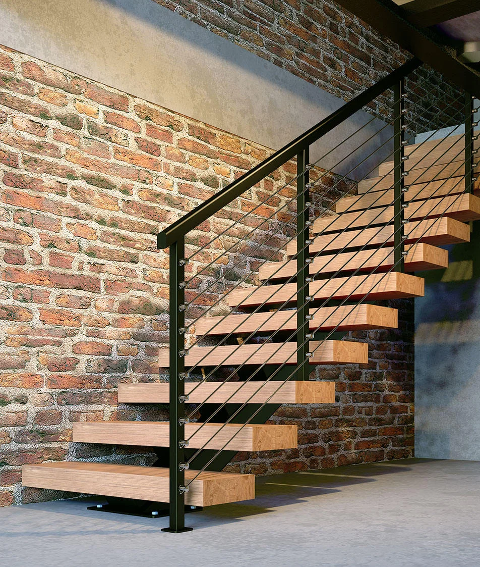 الحديثة تصميم مخصص الفولاذ المقاوم للصدأ حبل درابزين البلوط درج خشبي #1