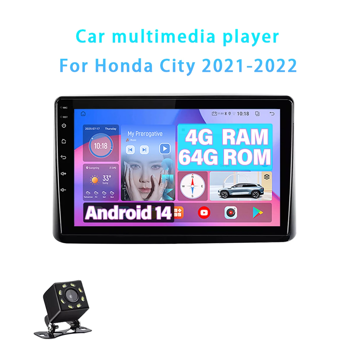 Unidad de Control Central con Navegación GPS para Honda City 2021-2022, Reproductor de Radio para Auto, Multimedia, Android Auto Inalámbrico, Carplay, Android 14, 64G, con WiFi, Bluetooth, Pantalla de 9 Pulgadas
