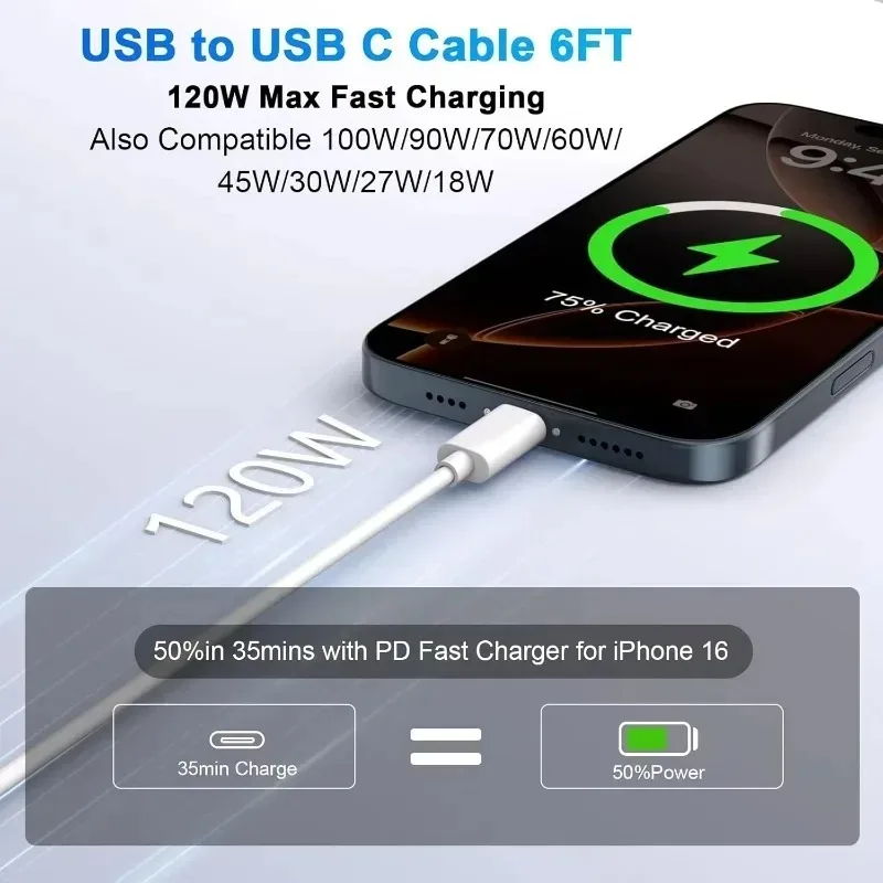 3-1PCS Quick Charging Cable 120W 10A Fast Charger USB A To Type C High-speed Data Transfer Wire Cords for Samsung Xiaomi Huawei